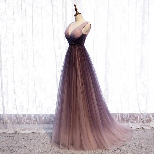 Chic / Beautiful Gradient-Color Purple Evening Dresses  2020 A-Line / Princess V-Neck Sash Sleeveless Backless Floor-Length / Long Formal Dresses