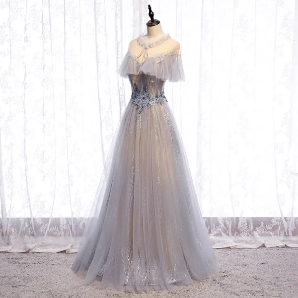 Charming Grey Prom Dresses 2020 A-Line / Princess Scoop Neck Beading Appliques Lace Flower Rhinestone Sequins Short Sleeve Backless Floor-Length / Long Formal Dresses