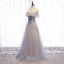 Charming Grey Prom Dresses 2020 A-Line / Princess Scoop Neck Beading Appliques Lace Flower Rhinestone Sequins Short Sleeve Backless Floor-Length / Long Formal Dresses