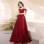 Charming Burgundy Beading Crystal Evening Dresses  2021 A-Line / Princess Scoop Neck Short Sleeve Backless Chapel Train Evening Party Formal Dresses