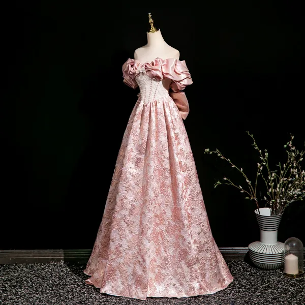 Lovely Blushing Pink Beading Pearl Sequins Printing Prom Dresses 2025 A-Line / Princess Off-The-Shoulder Short Sleeve Backless Bow Floor-Length / Long Prom Formal Dresses