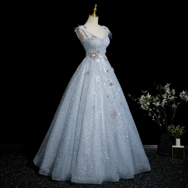 Charming Sky Blue Beading Sequins Appliques Prom Dresses 2025 Ball Gown Square Neckline Sleeveless Backless Floor-Length / Long Prom Formal Dresses