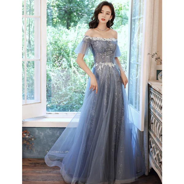 Charming Sky Blue Evening Dresses  Prom Dresses 2021 A-Line / Princess Off-The-Shoulder Glitter Sequins Short Sleeve Backless Floor-Length / Long Evening Party Prom Formal Dresses