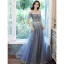 Charming Sky Blue Evening Dresses  Prom Dresses 2021 A-Line / Princess Off-The-Shoulder Glitter Sequins Short Sleeve Backless Floor-Length / Long Evening Party Prom Formal Dresses
