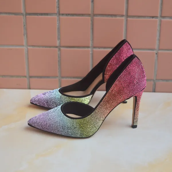 Charmant Multi-Couleurs Soirée Arc en ciel Escarpins 2020 Cuir Faux Diamant 9 cm Talons Aiguilles À Bout Pointu Escarpins
