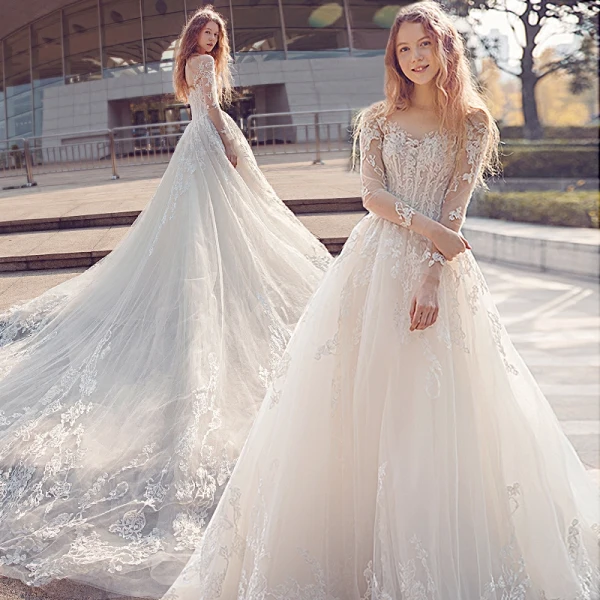Chic / Beautiful White Wedding Dresses 2018 Ball Gown Lace Embroidered Scoop Neck Backless Long Sleeve Royal Train Wedding