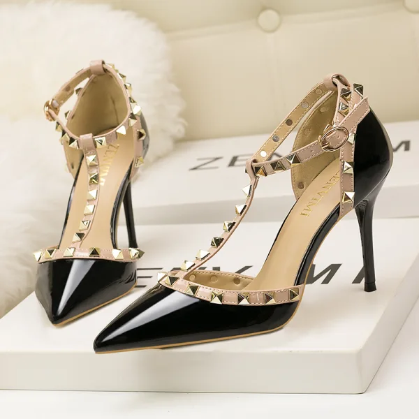Fashion Red Evening Party Rivet Womens Sandals 2020 T-Strap 9 cm Stiletto Heels Pointed Toe Sandals