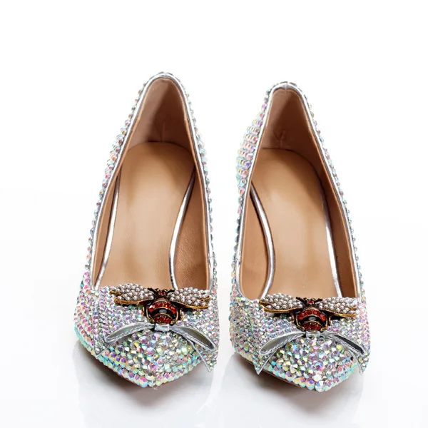 Charming Silver Wedding Shoes 2020 Leather Rhinestone Butterfly 8 cm Stiletto Heels Pointed Toe Wedding Pumps