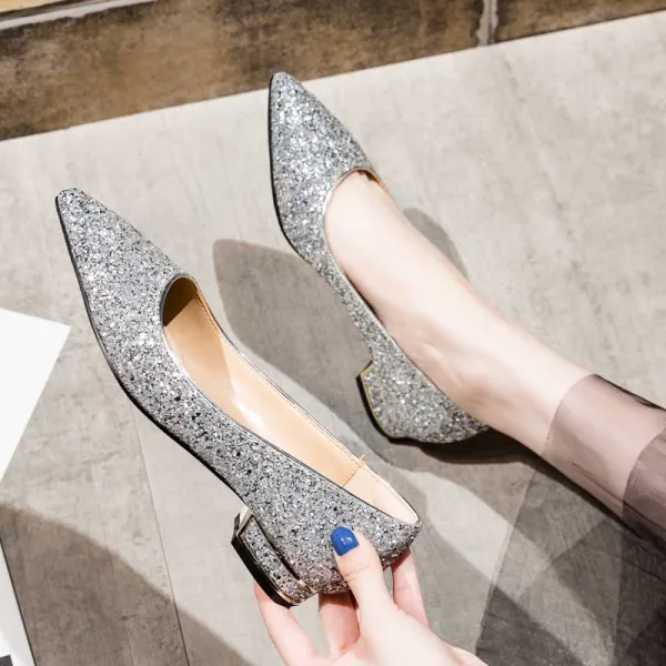 Charmant Argenté Chaussure De Mariée 2020 Paillettes À Bout Pointu Plate Mariage Escarpins