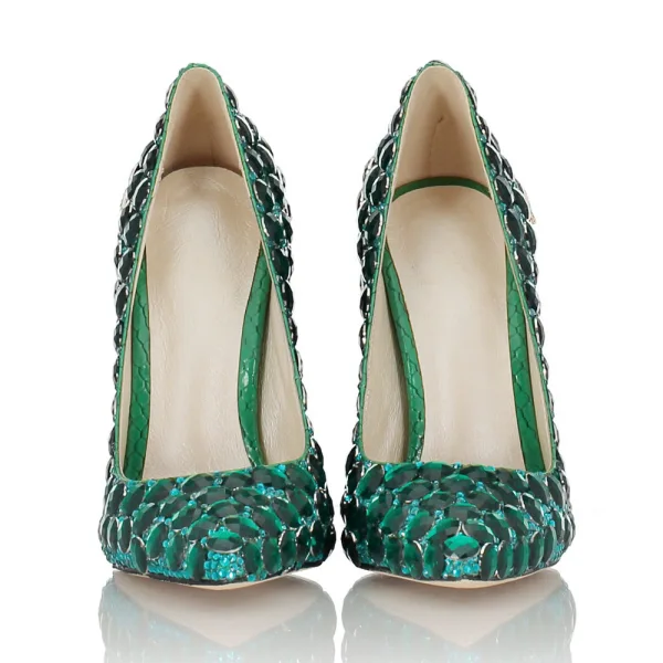 Amazing / Unique Dark Green Rave Club Pumps 2020 Leather Snakeskin Print 11 cm Stiletto Heels Pointed Toe Pumps