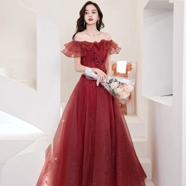 Chic / Beautiful Burgundy Glitter Evening Dresses  Prom Dresses 2021 A-Line / Princess Off-The-Shoulder Beading Sequins Short Sleeve Backless Floor-Length / Long Evening Party Prom Formal Dresses