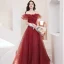 Chic / Beautiful Burgundy Glitter Evening Dresses  Prom Dresses 2021 A-Line / Princess Off-The-Shoulder Beading Sequins Short Sleeve Backless Floor-Length / Long Evening Party Prom Formal Dresses