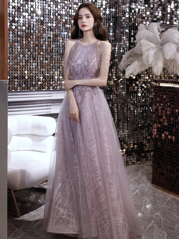 Charming Sexy Purple Beading Evening Dresses  Prom Dresses 2021 A-Line / Princess Scoop Neck Pearl Rhinestone Sequins Lace Flower Sleeveless Backless Floor-Length / Long Formal Dresses