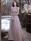 Charming Sexy Purple Beading Evening Dresses  Prom Dresses 2021 A-Line / Princess Scoop Neck Pearl Rhinestone Sequins Lace Flower Sleeveless Backless Floor-Length / Long Formal Dresses