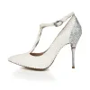 Charming Ivory Pearl Wedding Shoes 2020 Leather Rhinestone T-Strap 10 cm Stiletto Heels Pointed Toe Pumps