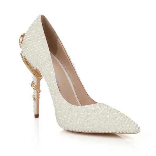Mode Ivoire Perle Chaussure De Mariée 2020 Cuir 11 cm Talons Aiguilles À Bout Pointu Mariage Escarpins
