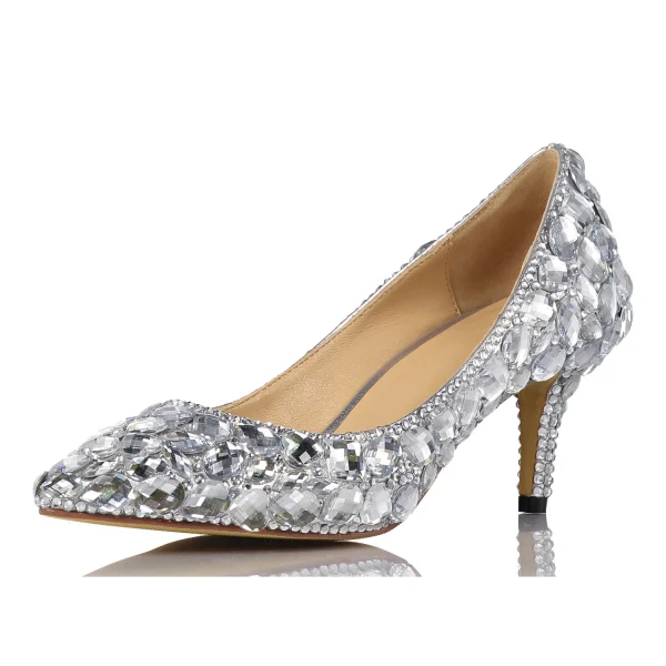 Chic / Beautiful Silver Rhinestone Wedding Shoes 2020 Leather 6 cm Stiletto Heels Pointed Toe Wedding Pumps