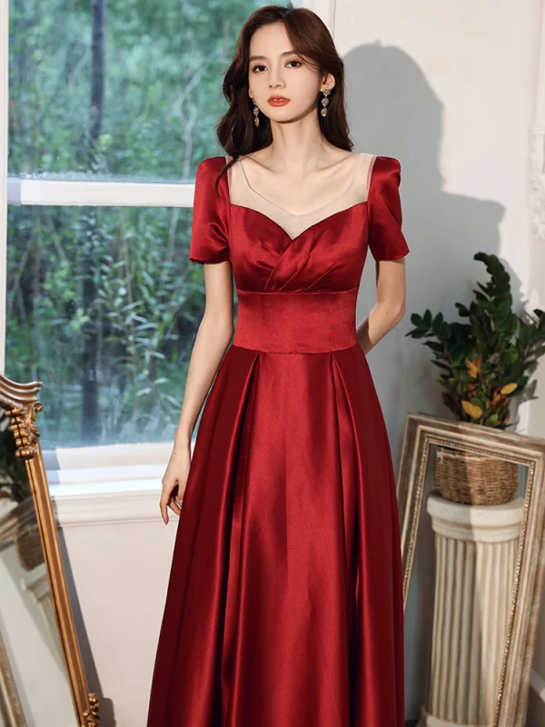 Elegant Burgundy Satin Evening Dresses  2021 A-Line / Princess Sash Scoop Neck Short Sleeve Backless Tea-length Evening Party Formal Dresses