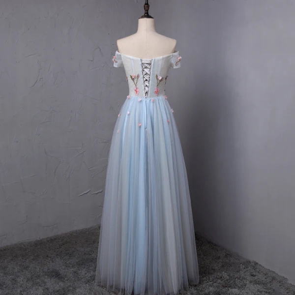 Chic / Beautiful Sky Blue Prom Dresses 2018 A-Line / Princess Appliques Crystal Pleated Off-The-Shoulder Backless Short Sleeve Floor-Length / Long Formal Dresses