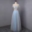 Chic / Beautiful Sky Blue Prom Dresses 2018 A-Line / Princess Appliques Crystal Pleated Off-The-Shoulder Backless Short Sleeve Floor-Length / Long Formal Dresses