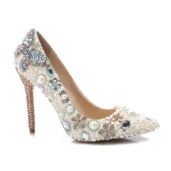 Eleganckie Kość Słoniowa Kryształ Buty Ślubne 2020 Skórzany Perła Rhinestone 11 cm Szpilki Szpiczaste Ślub Czółenka