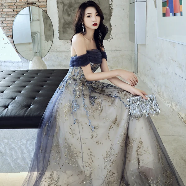 Elegante Meeresblau Abendkleider 2021 A Linie Off Shoulder Perlenstickerei Pailletten Ärmellos Rückenfreies Lange Festliche Kleider