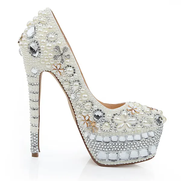 Charmant Ivory / Creme Brautschuhe 2020 Leder Perle Kristall Strass 15 cm Stilettos Runde Zeh Hochzeit Pumps