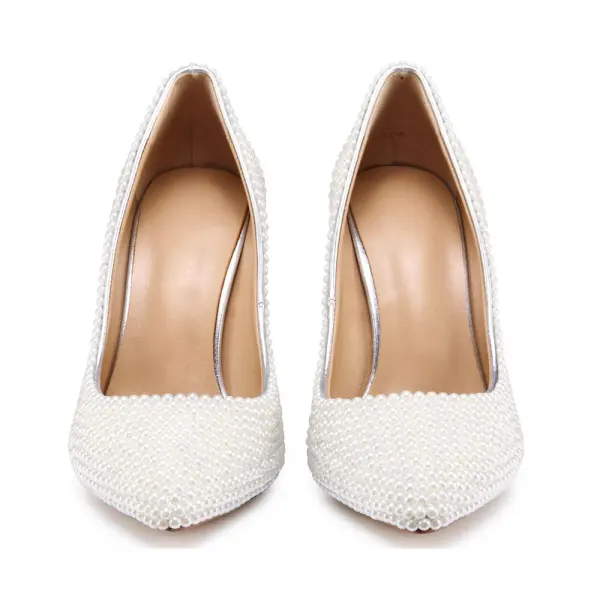 Fashion Ivory Pearl Wedding Shoes 2020 Leather 10 cm Thick Heels Pointed Toe Wedding Pumps