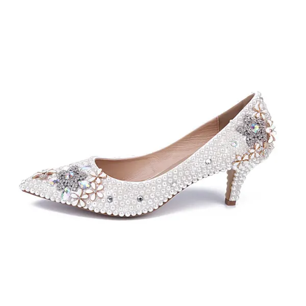 Moda Kość Słoniowa Perła Buty Ślubne 2020 Skórzany Rhinestone 6 cm Szpilki Szpiczaste Ślub Czółenka