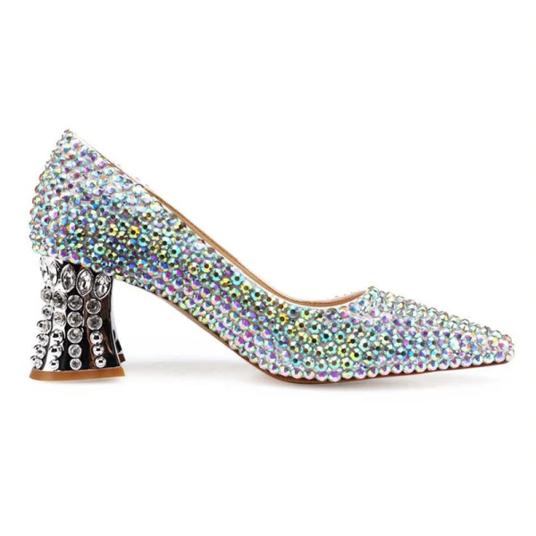Mooie / Prachtige Multi-Kleuren Rhinestone Bruidsschoenen 2020 Leer 5 cm Dikke Hak Spitse Neus Huwelijk Pumps