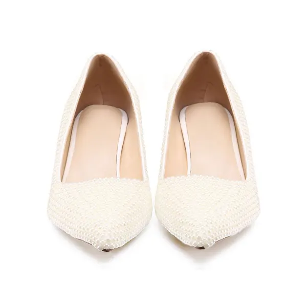 Mooie / Prachtige Ivoor Parel Bruidsschoenen 2020 Leer Rhinestone 6 cm Dikke Hak Spitse Neus Huwelijk Pumps