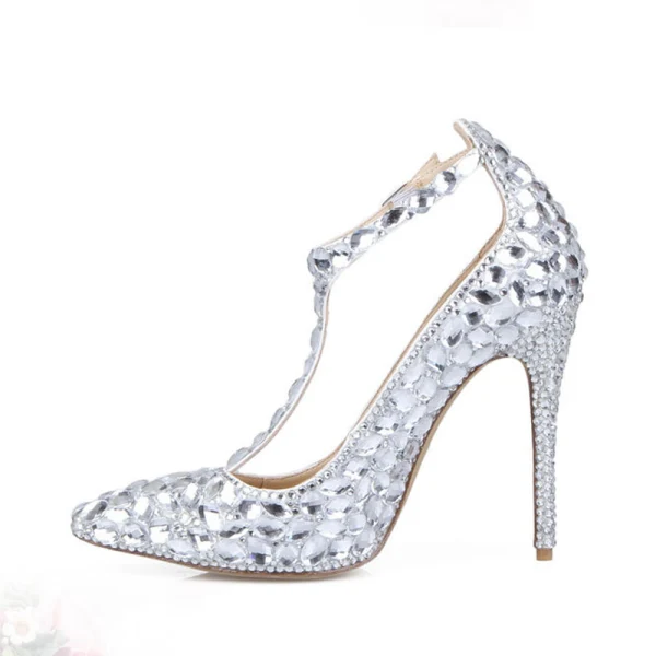 Charmant Silber Kristall Brautschuhe 2020 Leder Strass T-Riemen 11 cm Stilettos Hochzeit Spitzschuh Pumps