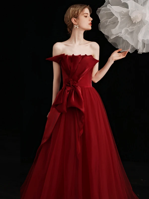 Charming Burgundy Prom Dresses Evening Dresses  2021 A-Line / Princess Strapless Bow Sleeveless Backless Floor-Length / Long Evening Party Formal Dresses