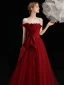 Charming Burgundy Prom Dresses Evening Dresses  2021 A-Line / Princess Strapless Bow Sleeveless Backless Floor-Length / Long Evening Party Formal Dresses