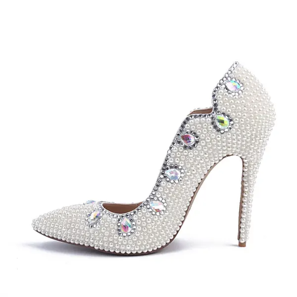 Fashion Ivory Pearl Wedding Shoes 2020 Leather Crystal 10 cm Stiletto Heels Pointed Toe Wedding Pumps