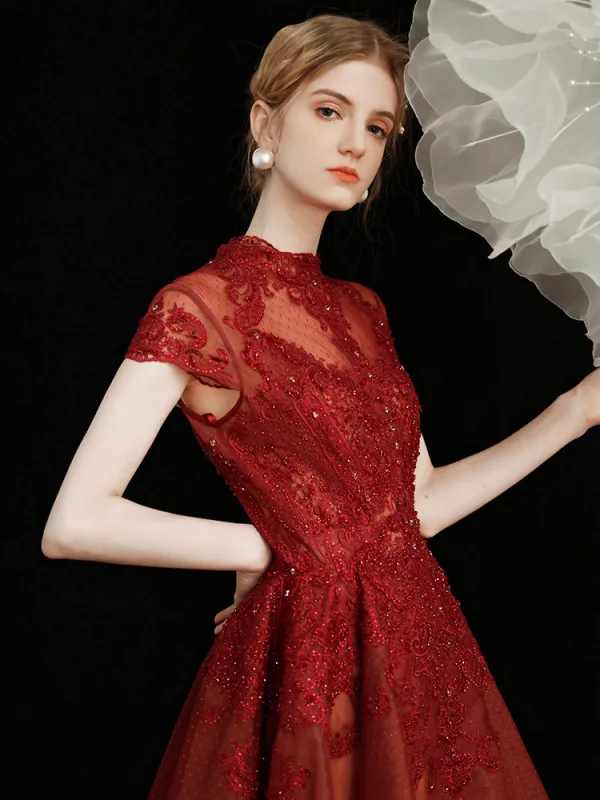 Chinese style Burgundy Prom Dresses 2021 A-Line / Princess High Neck Beading Crystal Rhinestone Lace Flower Short Sleeve Tea-length Formal Dresses