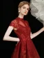 Chinese style Burgundy Prom Dresses 2021 A-Line / Princess High Neck Beading Crystal Rhinestone Lace Flower Short Sleeve Tea-length Formal Dresses