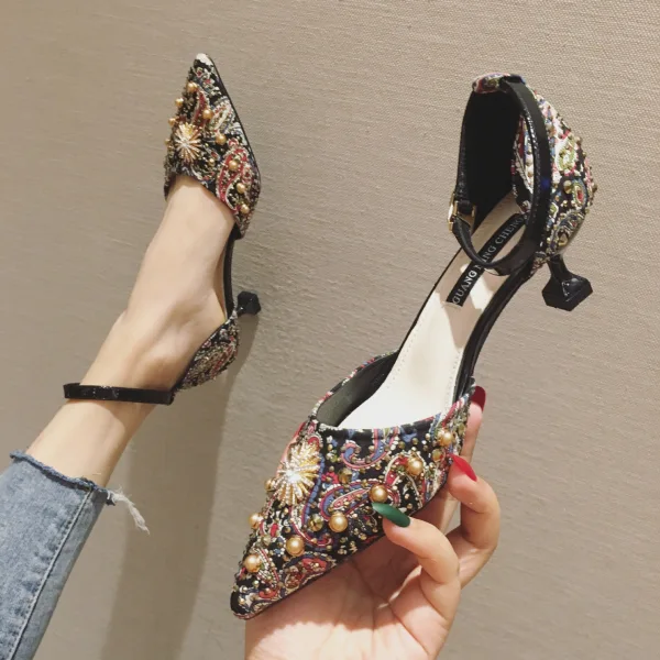 Traditional Fancy Red Evening Party Womens Shoes 2020 Rivet Rhinestone 7 cm Stiletto Heels Pointed Toe High Heels