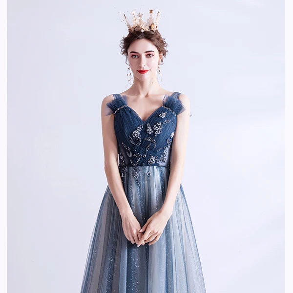 Elegant Navy Blue Evening Dresses Sequins 2020 A-Line / Princess Ruffle V-Neck Beading Crystal Sleeveless Backless Floor-Length / Long Formal Dresses
