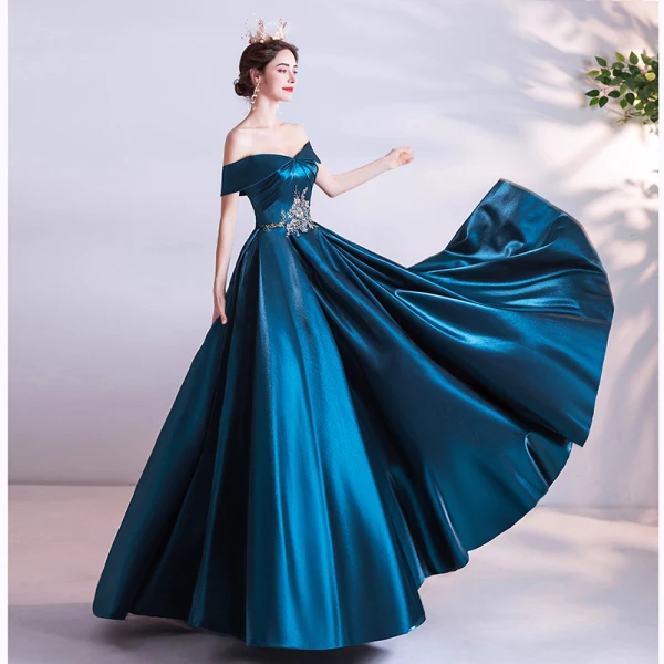 Vintage / Originale Bleu D'encre Robe De Soirée 2020 Princesse De l'épaule Perlage Perle En Dentelle Fleur Manches Courtes Dos Nu Longue Robe De Ceremonie