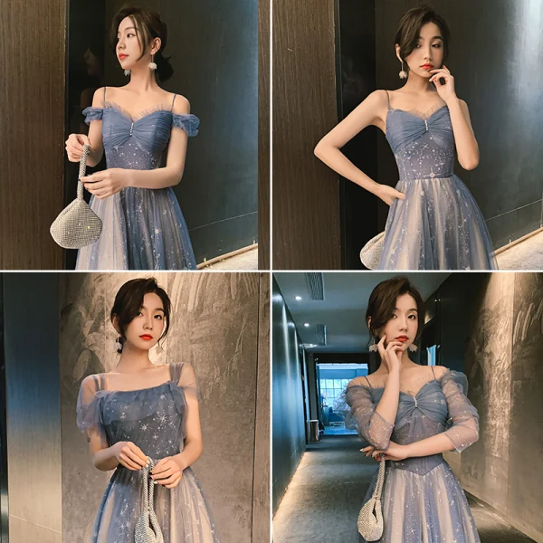 Charming Sky Blue Star Bridesmaid Dresses 2021 A-Line / Princess Spaghetti Straps Lace Sleeveless Backless Floor-Length / Long Bridesmaid Wedding Party Dresses