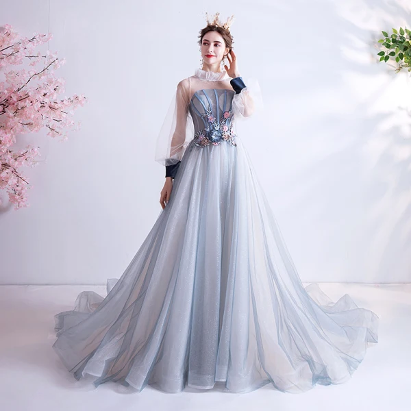 Vintage / Retro Flower Fairy Sky Blue Prom Dresses 2020 A-Line / Princess Ruffle High Neck Pearl Rhinestone Sequins Flower Lace Long Sleeve Backless Court Train Formal Dresses