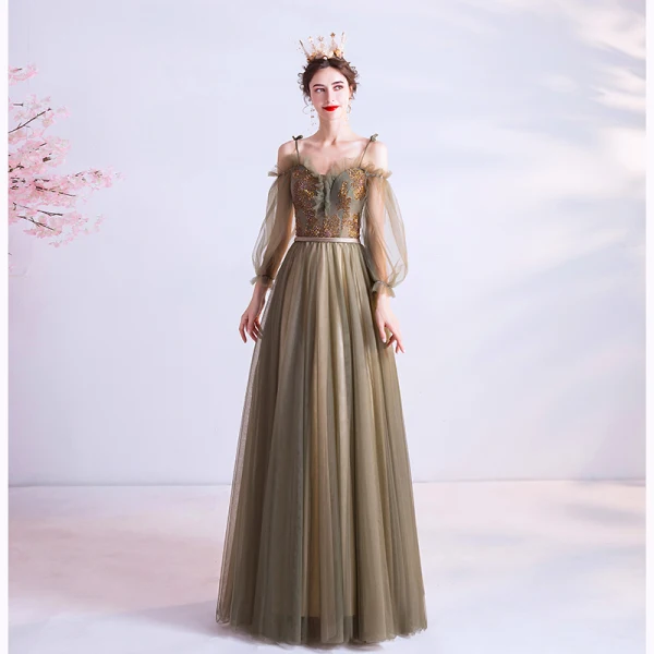 Vintage / Retro Clover Green Prom Dresses 2020 A-Line / Princess Spaghetti Straps Beading 3/4 Sleeve Backless Floor-Length / Long Formal Dresses