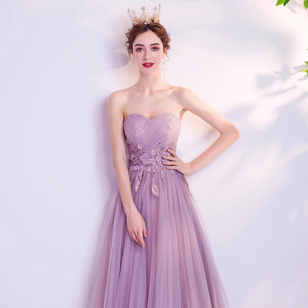 Charmant Lilas Robe De Soirée 2020 Princesse Bustier Perlage Paillettes Cristal Appliques En Dentelle Fleur Sans Manches Dos Nu Longue Robe De Ceremonie