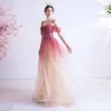 Charming Red Gradient-Color Evening Dresses  2020 A-Line / Princess Spaghetti Straps Glitter Star Short Sleeve Backless Floor-Length / Long Formal Dresses