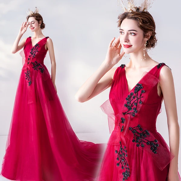 Chic Rouge Robe De Soirée 2020 Princesse V-Cou Perlage Appliques Noeud Sans Manches Dos Nu Tribunal Train Robe De Ceremonie