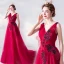 Chic Rouge Robe De Soirée 2020 Princesse V-Cou Perlage Appliques Noeud Sans Manches Dos Nu Tribunal Train Robe De Ceremonie