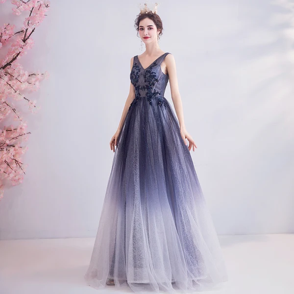Charmant Bleu Marine Robe De Soirée 2020 Princesse V-Cou Glitter Perlage Paillettes En Dentelle Fleur Sans Manches Dos Nu Longue Robe De Ceremonie