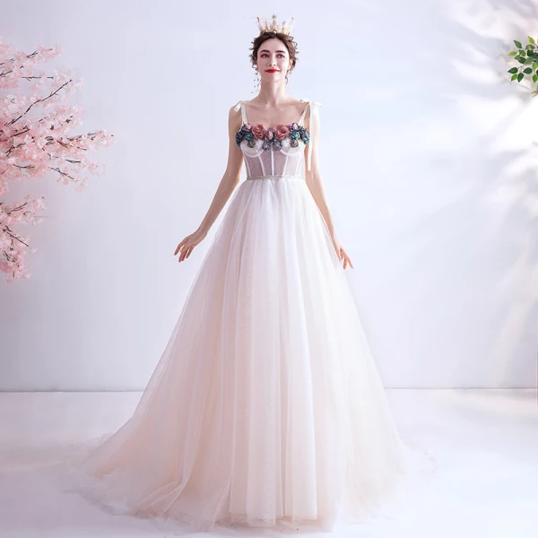 Flower Fairy Ivory Prom Dresses 2020 A-Line / Princess Spaghetti Straps Appliques Sleeveless Backless Sweep Train Formal Dresses