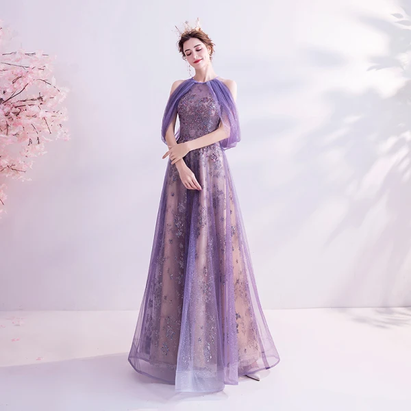 Charmant Lavande Robe De Soirée 2020 Princesse Encolure Dégagée Glitter Perlage Paillettes Cristal Sans Manches Dos Nu Longue Robe De Ceremonie